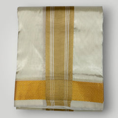 HORAD Premium Art Silk Gold with Gold Border Dhoti with Cream Shirt Material