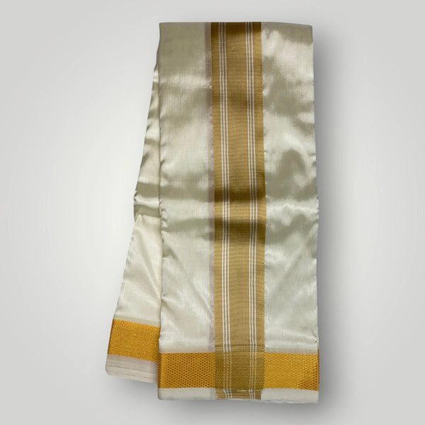 Horad Premium Art Silk Cream Shirt + Cream with Gold Border Dhoti + Angavastram