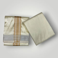 HORAD Premium Art Silk Cream with Gold + Silver Border Dhoti with Cream Shirt Material
