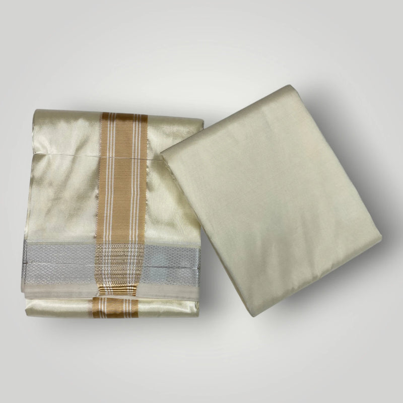 HORAD Premium Art Silk Cream with Gold + Silver Border Dhoti with Cream Shirt Material