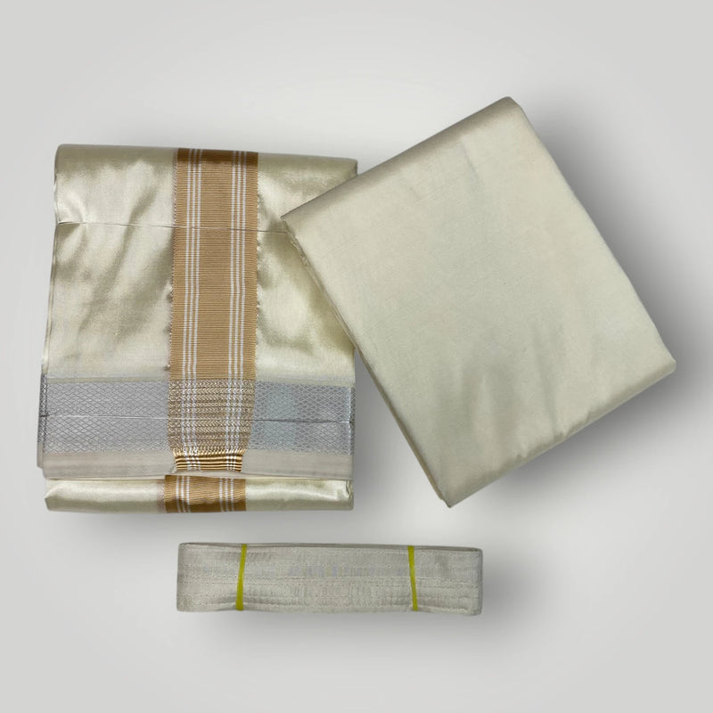 HORAD Premium Art Silk Cream with Gold + Silver Border Dhoti with Cream Shirt Material + Belt