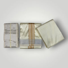 HORAD Premium Art Silk Cream with Gold + Silver Border Dhoti with Cream Shirt Material + Angavastram