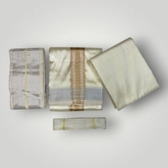 HORAD Premium Art Silk Cream with Gold + Silver Border Dhoti with Cream Shirt Material + Angavastram + Belt