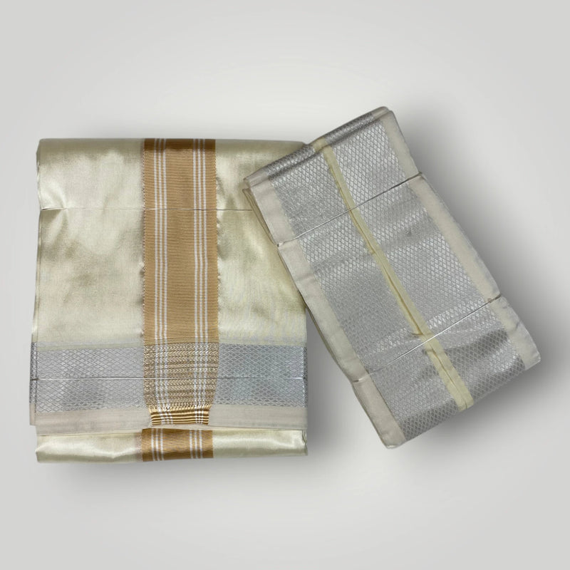 HORAD Premium Art Silk Cream with Gold + Silver Border Dhoti + Angavastram