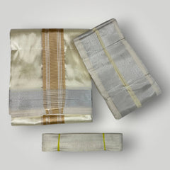 HORAD Premium Art Silk Cream with Gold + Silver Border Dhoti + Angavastram + Belt