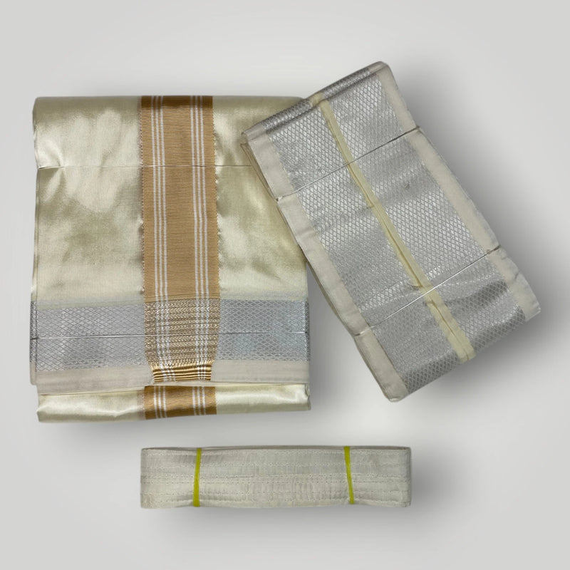 HORAD Premium Art Silk Cream with Gold + Silver Border Dhoti + Angavastram + Belt