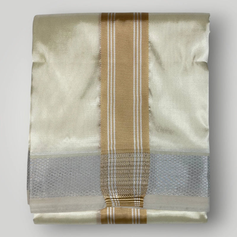 Horad Premium Art Silk Cream Shirt +Cream with Gold + Silver Border Dhoti + Angavastram