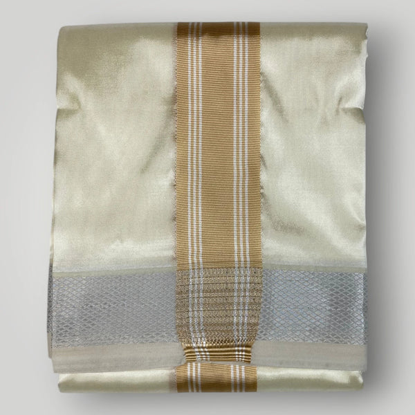 Horad Premium Art Silk Cream Shirt +Cream with  Gold + Silver Border Dhoti