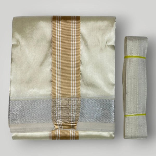 Horad Premium Art Silk Cream  Shirt +Cream with  Gold + Silver Border Dhoti + Angavastram + Belt