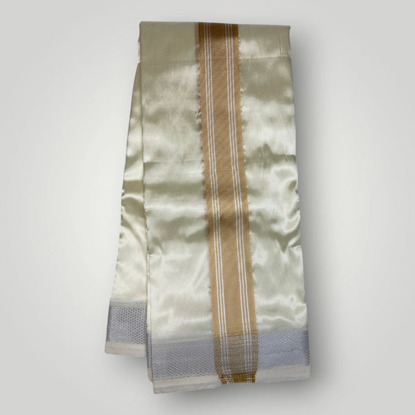 Horad Premium Art Silk Light Gold Shirt +Cream with Gold + Silver Border Dhoti + Angavastram