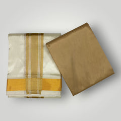 HORAD Premium Art Silk Gold with Gold Border Dhoti with Cream Shirt Material
