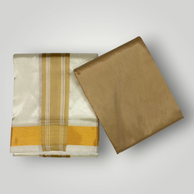 HORAD Premium Art Silk Gold with Gold Border Dhoti with Cream Shirt Material