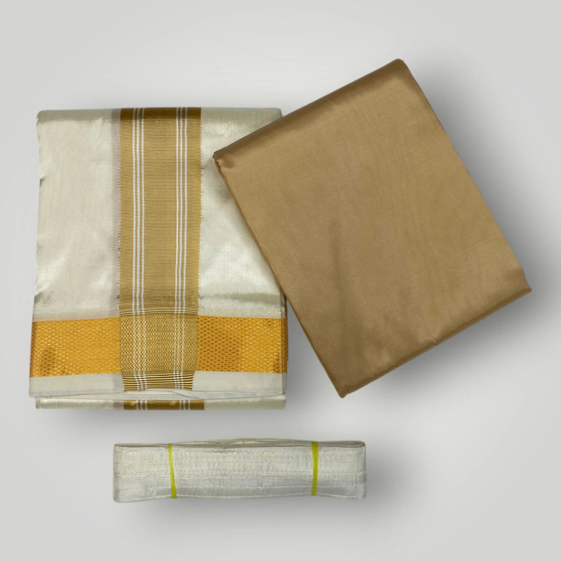 HORAD Premium Art Silk Gold with Gold Border Dhoti with Cream Shirt Material + Belt