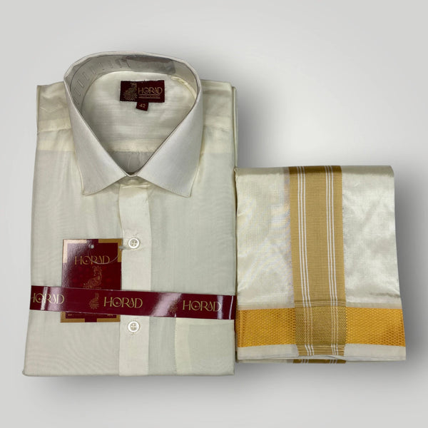 Horad Premium Art Silk Cream Shirt + Cream with Gold Border Dhoti