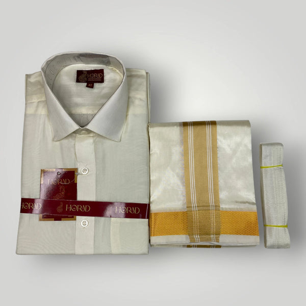 Horad Premium Art Silk Cream Shirt + Cream with Gold Border Dhoti + Belt