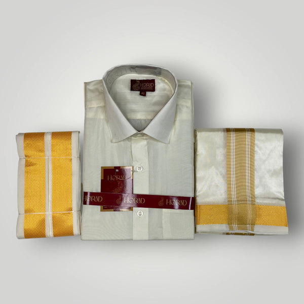 Horad Premium Art Silk Cream Shirt + Cream with Gold Border Dhoti + Angavastram