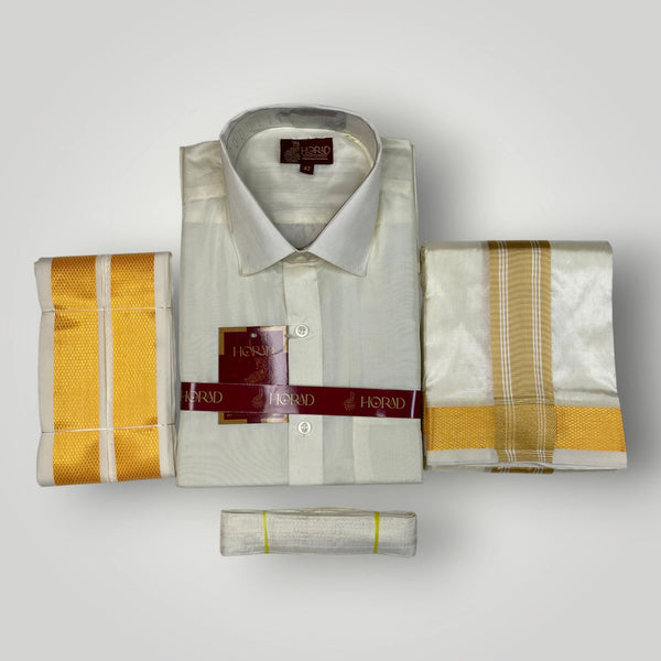 Horad Premium Art Silk Cream  Shirt + Cream with Gold Border Dhoti + Angavastram + Belt