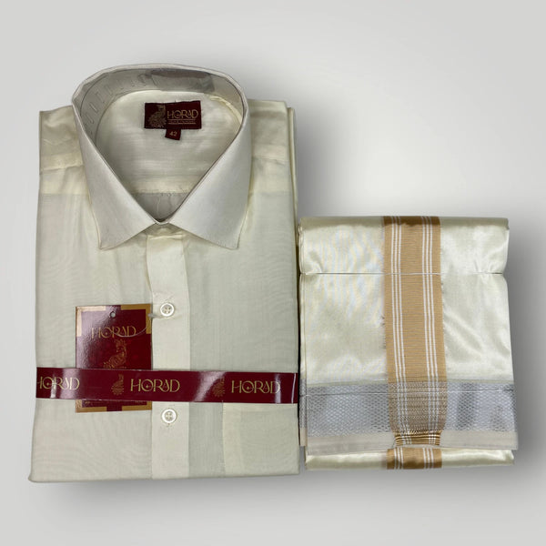 Horad Premium Art Silk Cream Shirt +Cream with  Gold + Silver Border Dhoti