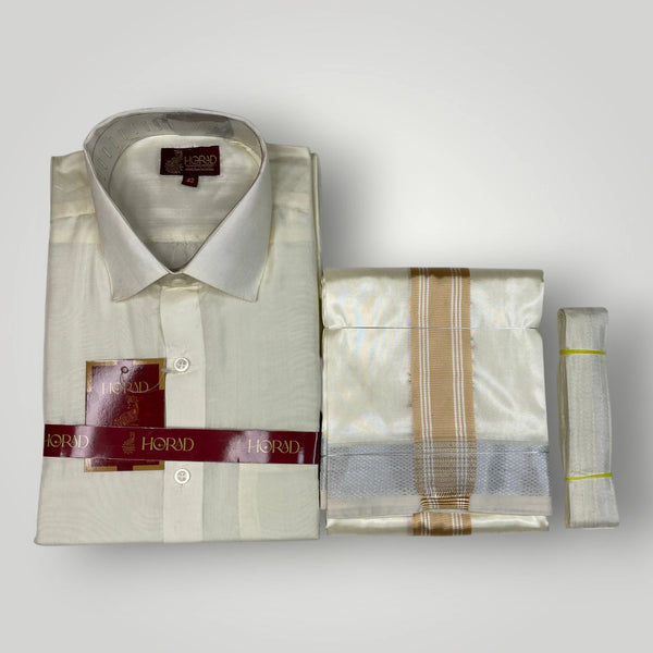 Horad Premium Art Silk Cream Shirt + Cream with Gold + Silver Border Dhoti + Belt