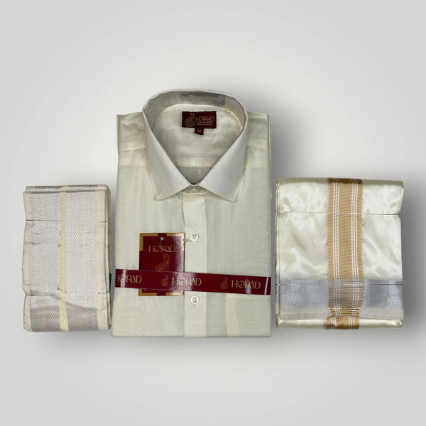 Horad Premium Art Silk Cream Shirt +Cream with Gold + Silver Border Dhoti + Angavastram