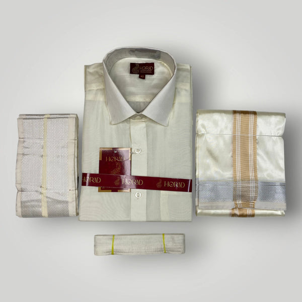 Horad Premium Art Silk Cream  Shirt +Cream with  Gold + Silver Border Dhoti + Angavastram + Belt