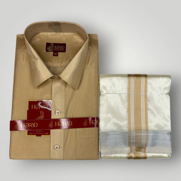 Horad Premium Art Silk Light Gold Shirt + Cream with Gold + Silver Border Dhoti