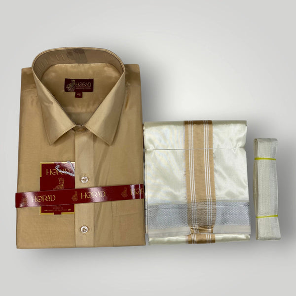 Horad Premium Art Silk Light Gold Shirt + Cream with Gold + Silver Border Dhoti + Belt