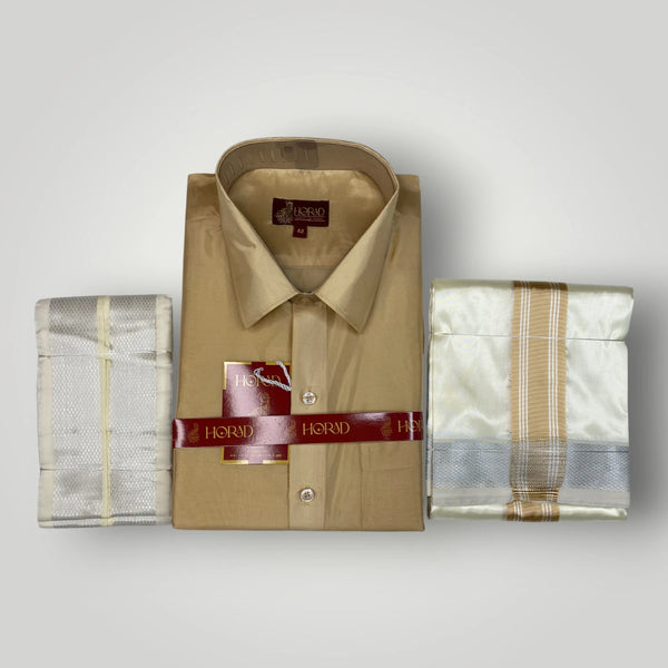 Horad Premium Art Silk Light Gold Shirt +Cream with Gold + Silver Border Dhoti + Angavastram