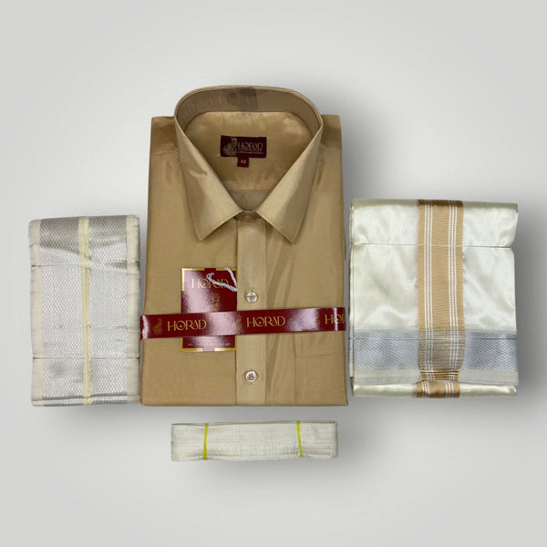 Horad Premium Art Silk Light Gold Shirt + Cream with Gold + Silver Border Dhoti + Angavastram + Belt