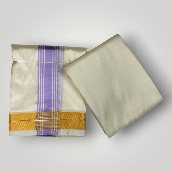 HORAD Premium Art Silk Cream with Lavender+Gold Border Dhoti with Cream Shirt Material