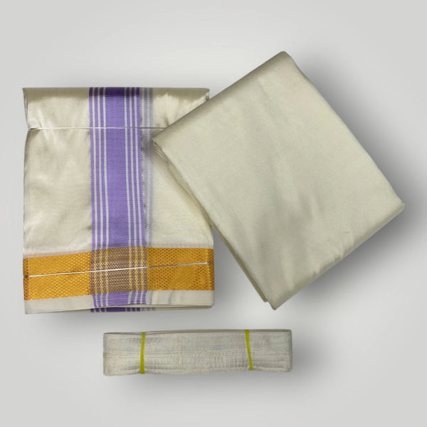 HORAD Premium Art Silk Cream with Lavender+Gold Border Dhoti with Cream Shirt Material + Belt