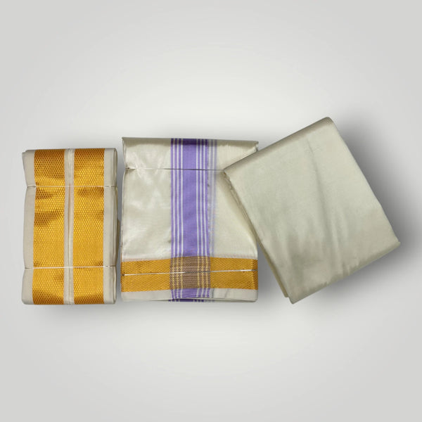 HORAD Premium Art Silk Cream with Lavender+Gold Border Dhoti with Cream Shirt Material + Angavastram