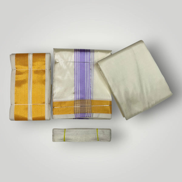 HORAD Premium Art Silk Cream with Lavender+Gold Border Dhoti with Cream Shirt Material + Angavastram + Belt