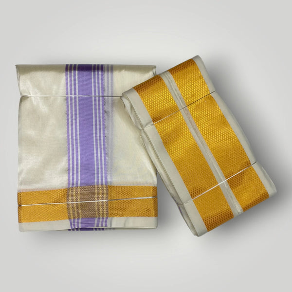 HORAD Premium Art Silk Cream with Lavender+Gold Border Dhoti + Angavastram (8X4)