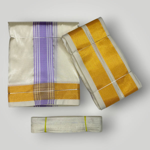 HORAD Premium Art Silk Cream with Lavender+Gold Border Dhoti + Angavastram + Belt