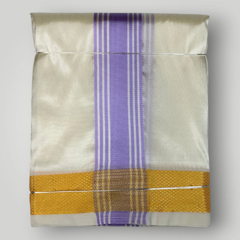 HORAD Premium Art Silk Cream with Lavender+Gold Border Dhoti with Lavender Shirt Material