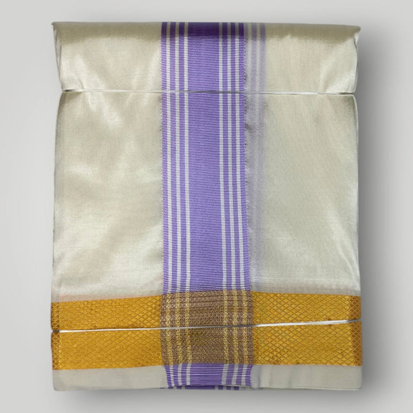 HORAD Premium Art Silk Cream with Lavender+Gold Border Dhoti with Cream Shirt Material + Angavastram