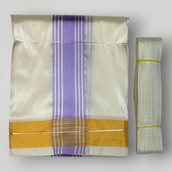 HORAD Premium Art Silk Cream with Lavender+Gold Border Dhoti with Cream Shirt Material + Belt