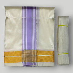 HORAD Premium Art Silk Cream with Lavender+Gold Border Dhoti with Lavender Shirt Material + Angavastram + Belt