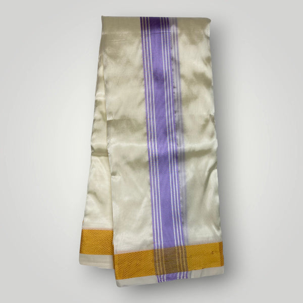 Horad Premium Art Silk Cream Shirt + Cream with Lavender+Gold Border Dhoti + Belt