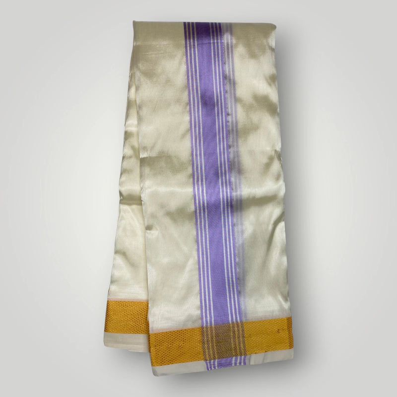 Horad Premium Art Silk Cream Shirt + Cream with Lavender+Gold Border Dhoti + Angavastram