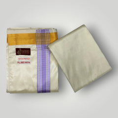 HORAD Premium Art Silk Cream with Lavender+Gold Border Welcro Dhoti with Cream Shirt Material