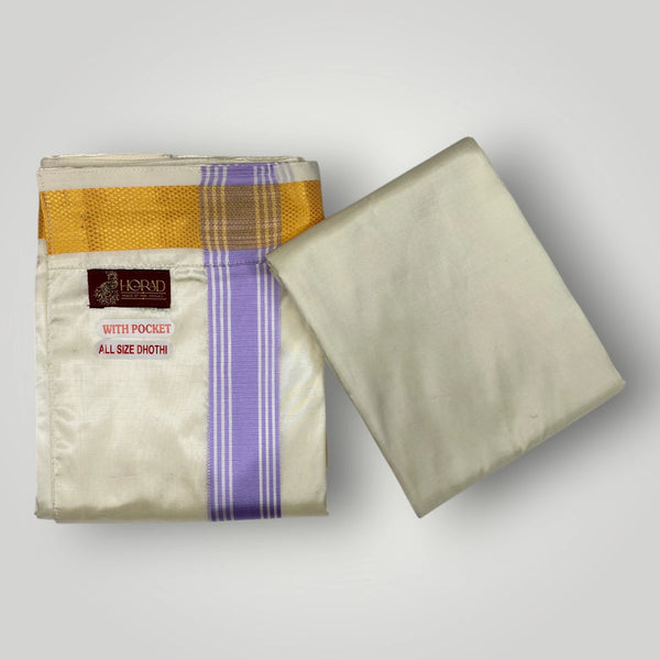 HORAD Premium Art Silk Cream with Lavender+Gold Border Welcro Dhoti with Cream Shirt Material