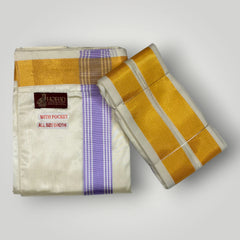 Horad Premium Art Silk Cream Shirt + Cream with Lavender+Gold Border Welcro Dhoti + Angavastram