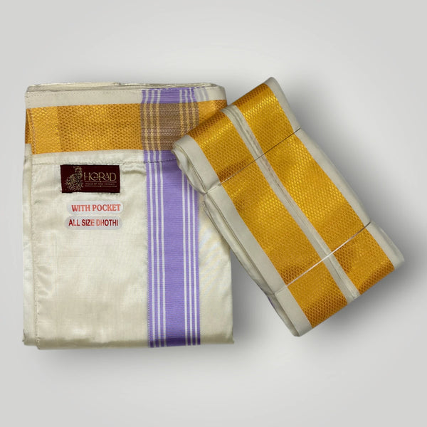 Horad Premium Art Silk Cream with Lavender+Gold Border Welcro Dhoti + Angavastram
