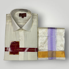 Horad Premium Art Silk Cream Shirt + Cream with Lavender+Gold Border Dhoti