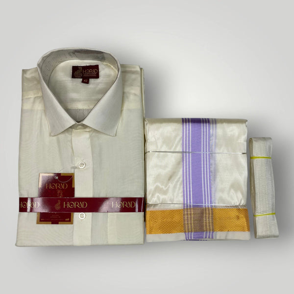 Horad Premium Art Silk Cream Shirt + Cream with Lavender+Gold Border Dhoti + Belt
