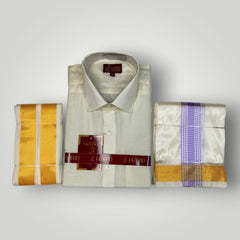 Horad Premium Art Silk Cream Shirt + Cream with Lavender+Gold Border Dhoti + Angavastram