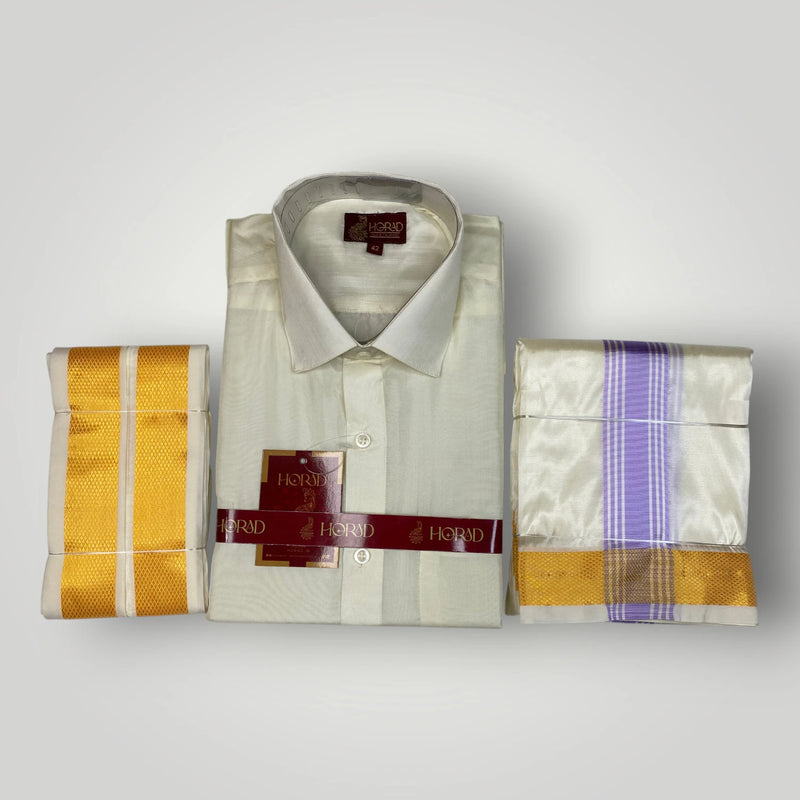 Horad Premium Art Silk Cream Shirt + Cream with Lavender+Gold Border Dhoti + Angavastram