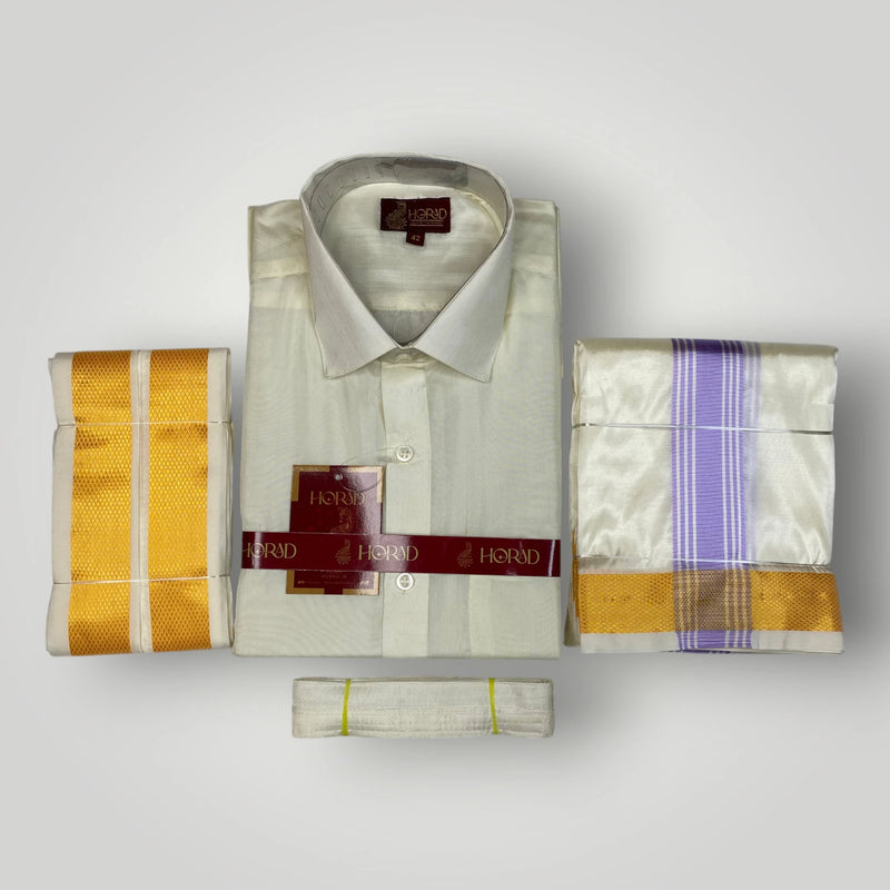 Horad Premium Art Silk Cream Shirt + Cream with Lavender+Gold Border Dhoti + Angavastram + Belt